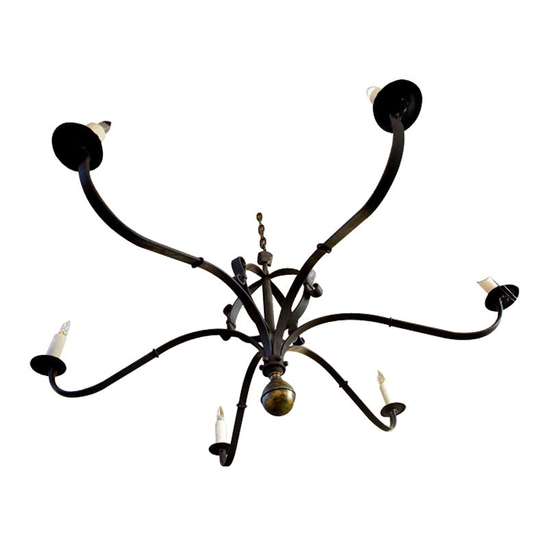 Monumental Custom Forged-Iron "Defiance" Chandelier with Large Brass Ball Finial For Sale