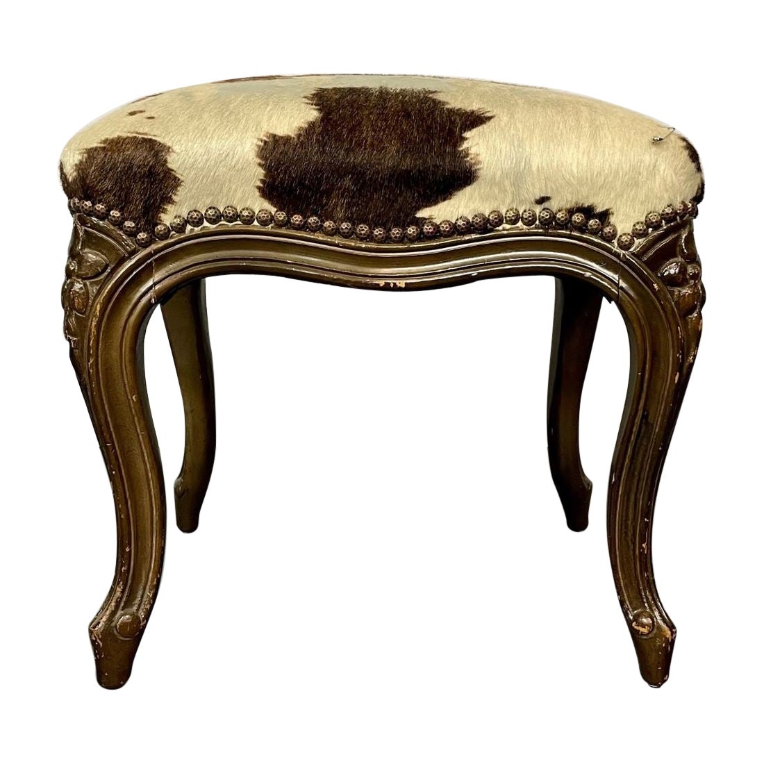 Pony Skin Upholstered, Bench or Foot Stool with Brass Tack Detailing For Sale