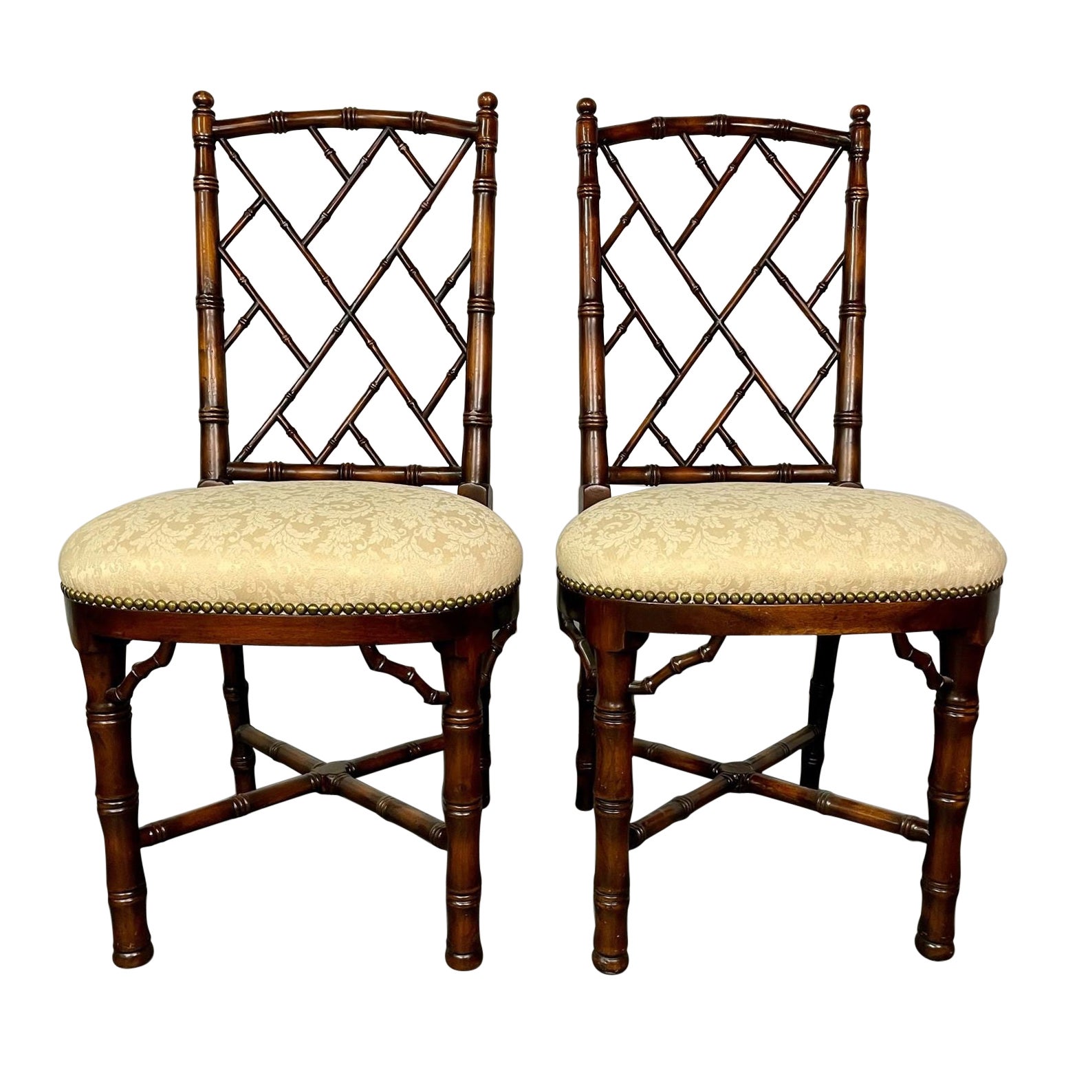 Pair of Bamboo Side, Desk Chairs, Damask Upholstery, Brass Tack Detailing