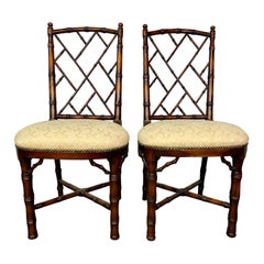 Retro Pair of Bamboo Side, Desk Chairs, Damask Upholstery, Brass Tack Detailing