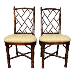 Vintage Pair of Bamboo Side, Desk Chairs, Damask Upholstery, Brass Tack Detailing