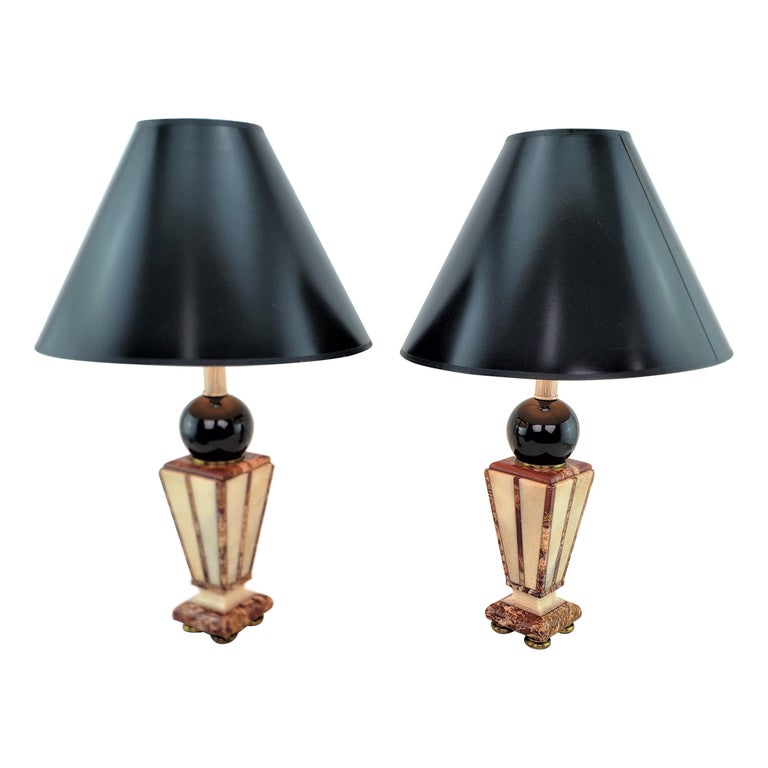 Pair of Converted Art Deco Cut Two Tone Geometric Cut Marble Table Lamp