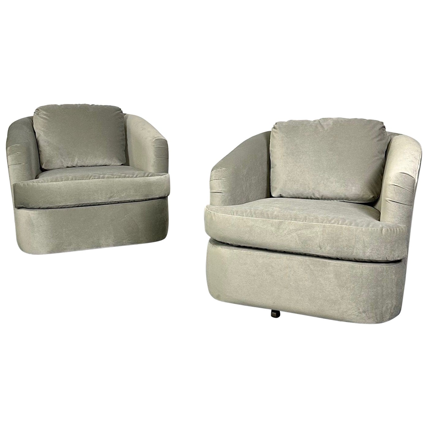Pair of Velvet Mid-Century Modern Milo Baughman Style Swivel / Lounge Chairs For Sale