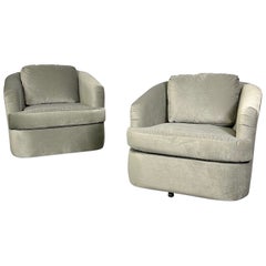 Retro Pair of Velvet Mid-Century Modern Milo Baughman Style Swivel / Lounge Chairs