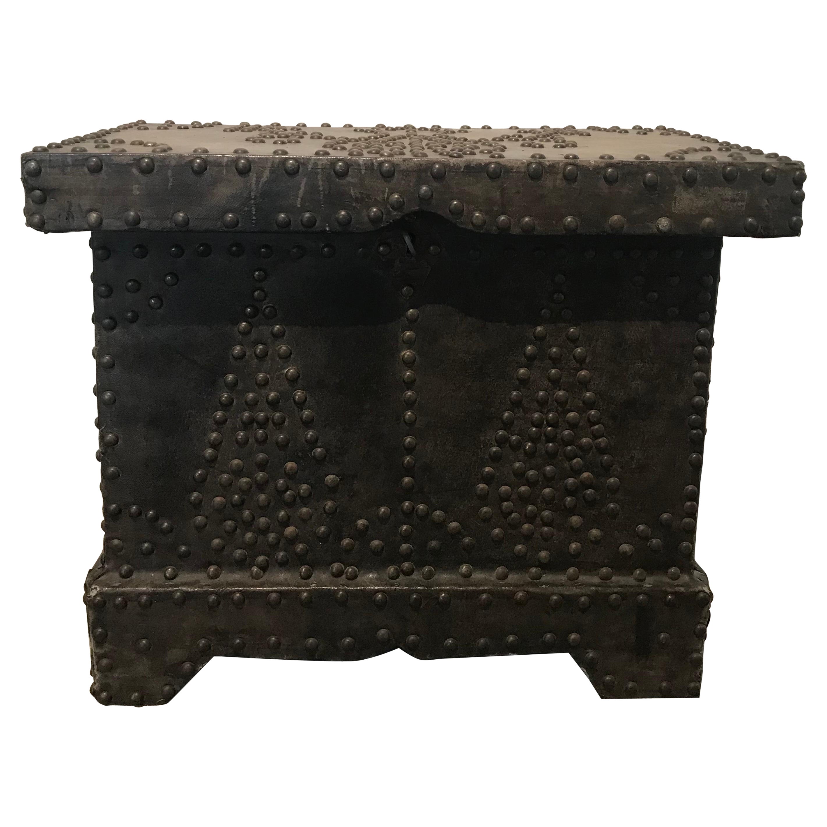 20th Century Leather/Wood Studded Metal Trunk/Side Table  For Sale