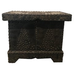 20th Century Leather/Wood Studded Metal Trunk/Side Table 