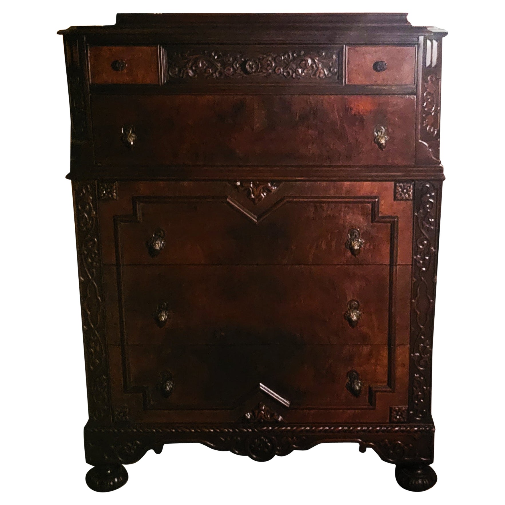 Antique Carved Walnut - Mahogany Dresser with 5 Drawers For Sale