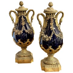 Antique Pair of French Porcelain Gilt Bronze Cassollette