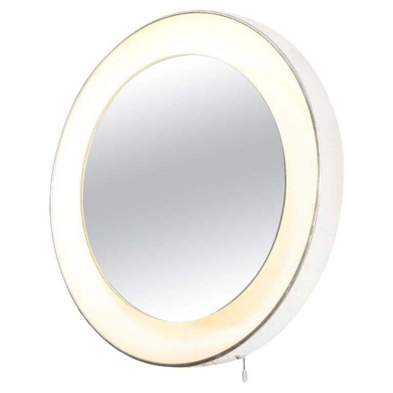 Midcentury White Round Lighted Wall Mirror by Lightolier, 1970s For