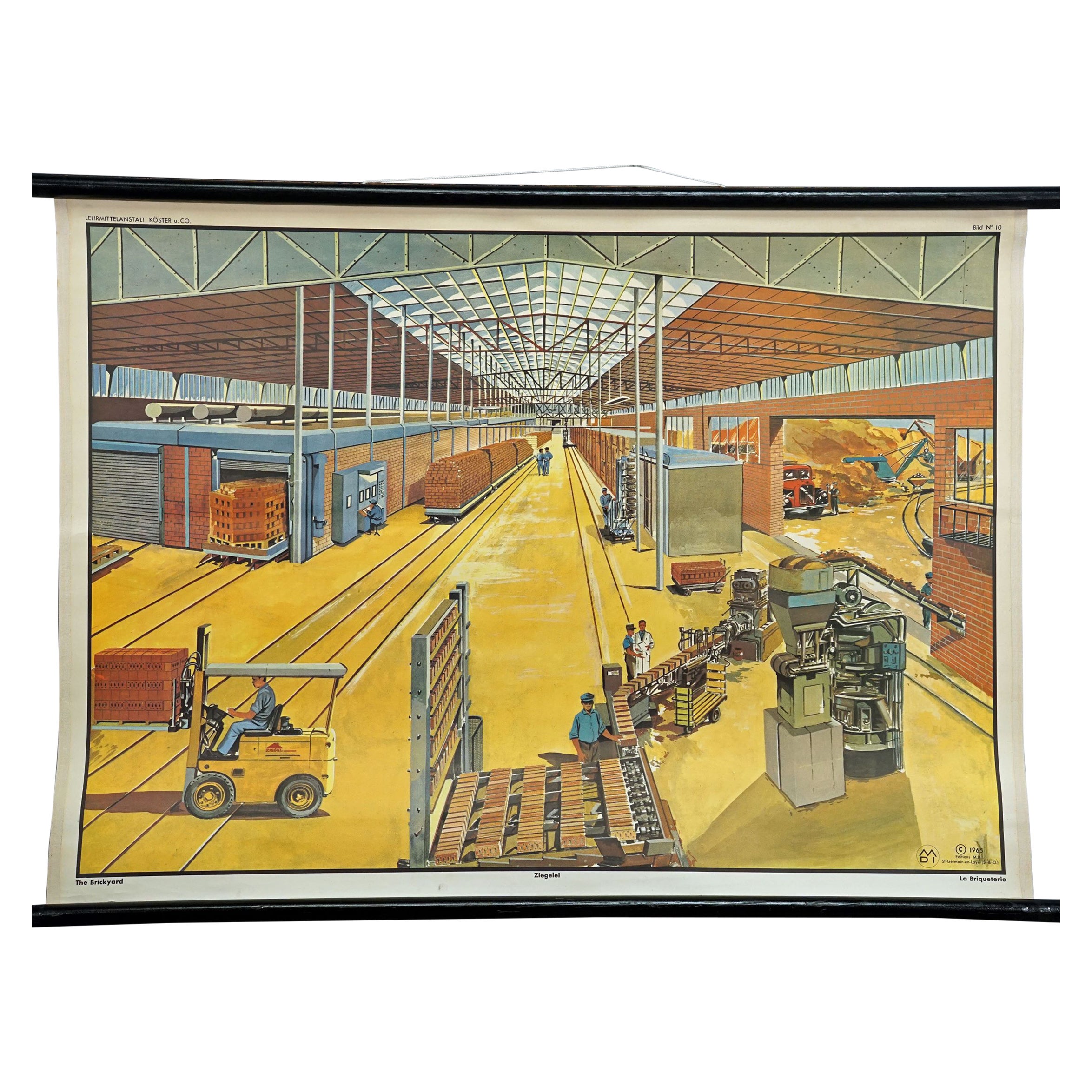 Vintage Mural Industrial Plant Rollable Wall Chart View into a Brickyard Factory For Sale