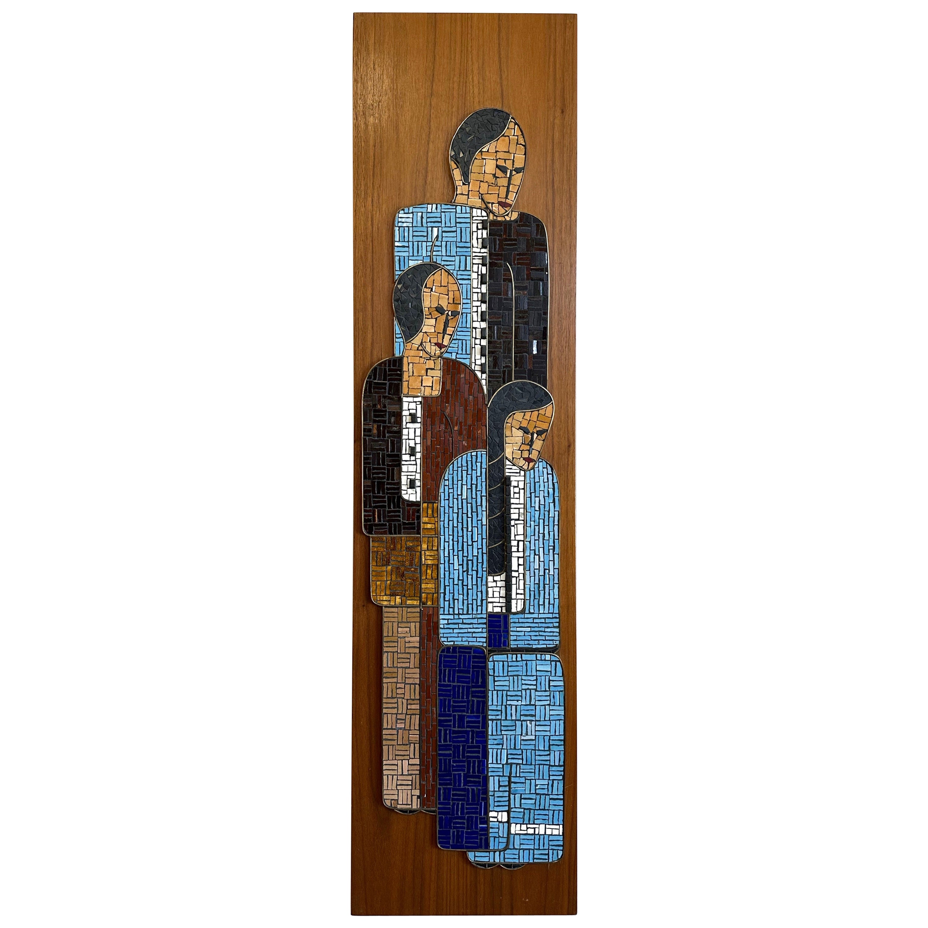 Large Glass Tile Mosaic of Native American Family on Walnut Board, 1960s For Sale