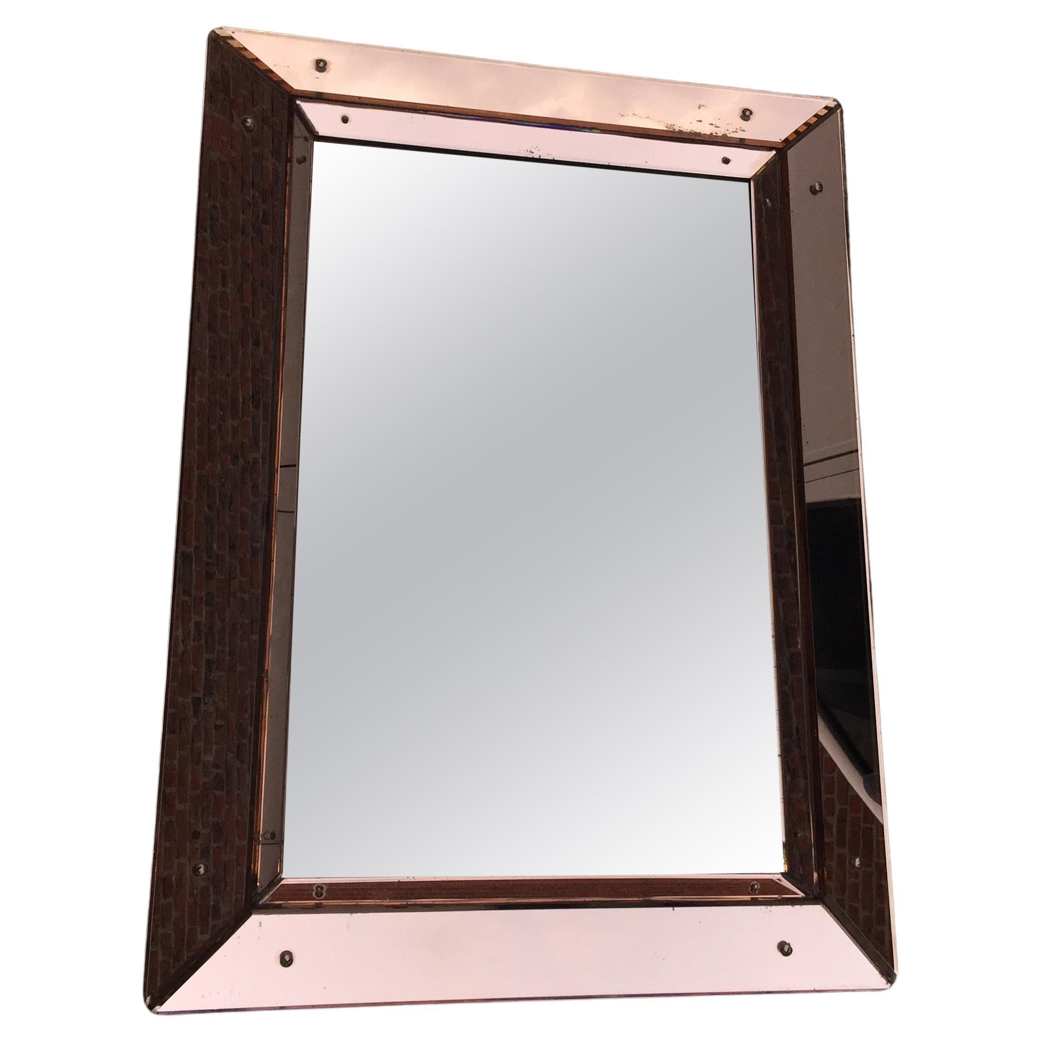 Jacques Adnet 'Attributed to' Art Deco Mirror in Pink Glass and Mirror For Sale