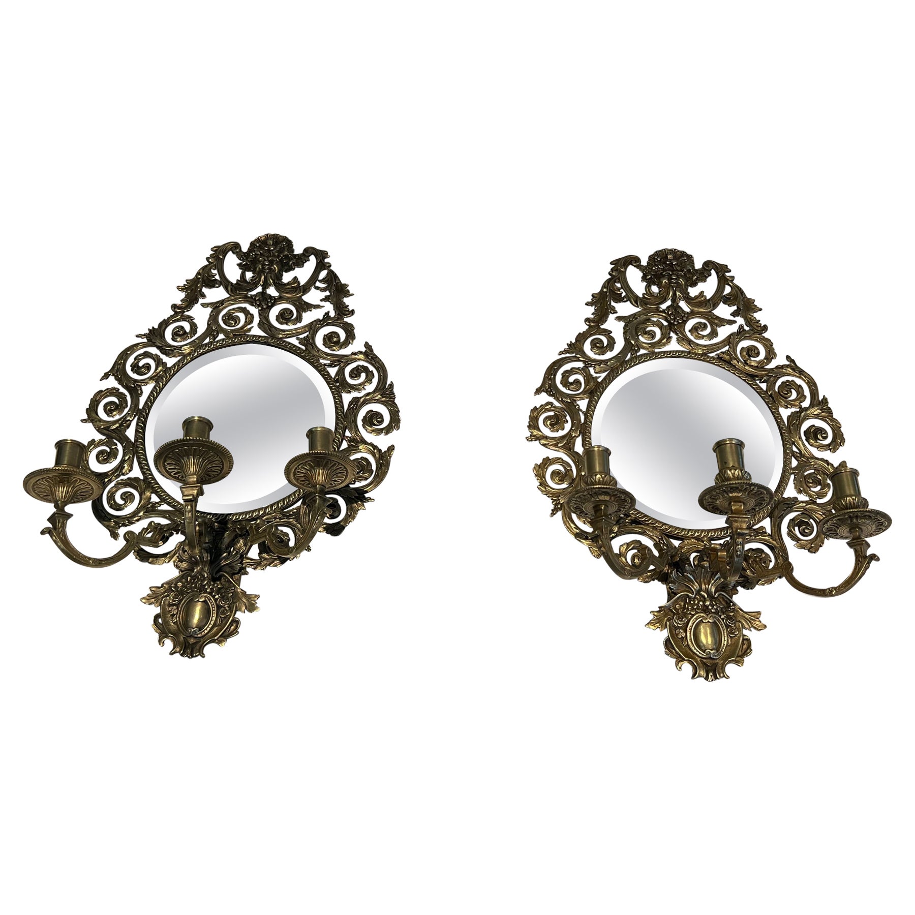 Large Pair of Louis the 14th Style Bronze and Mirror Wall Lights For Sale