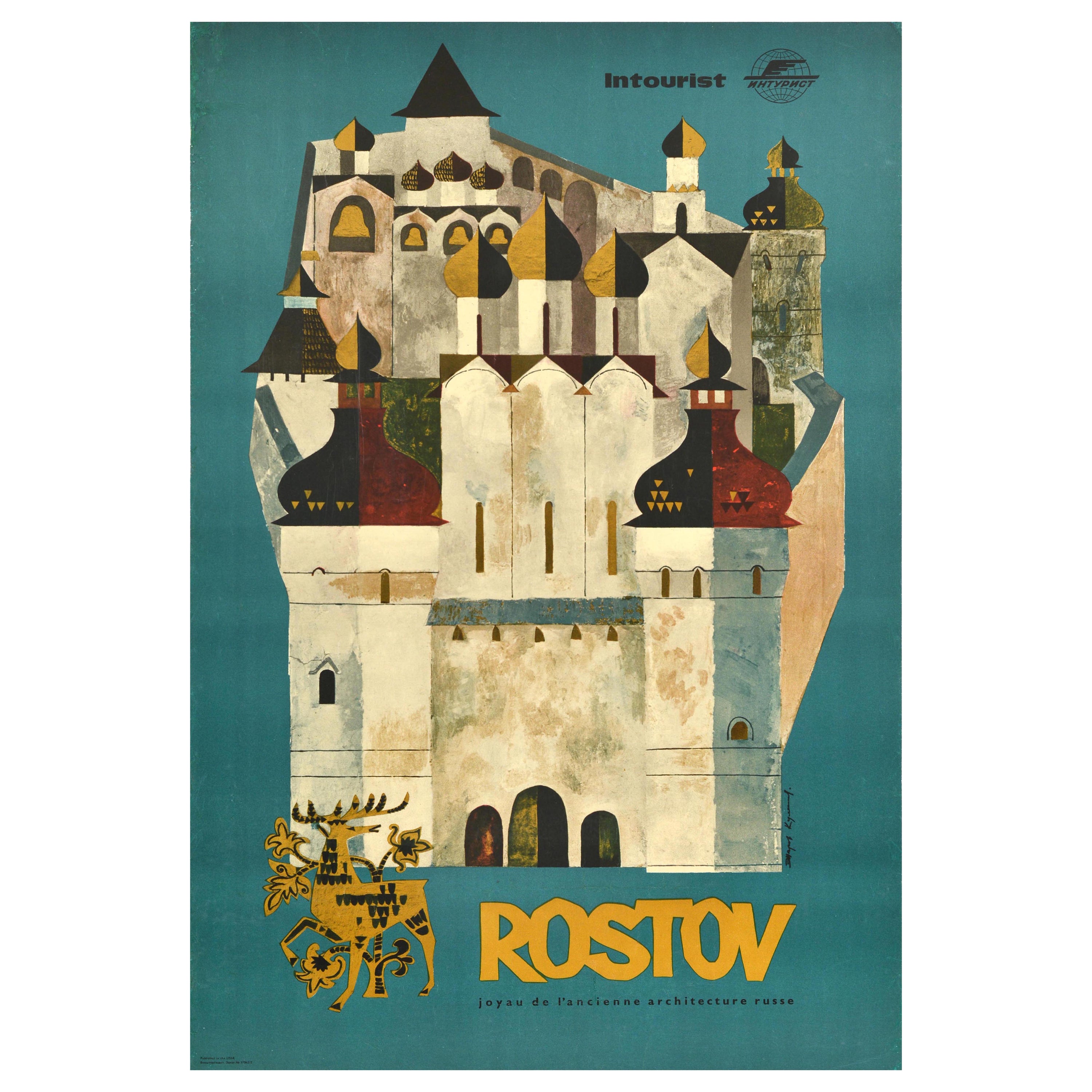 Affiche publicitaire originale de voyage soviétique vintage Rostov, URSS, Intourist Kremlin