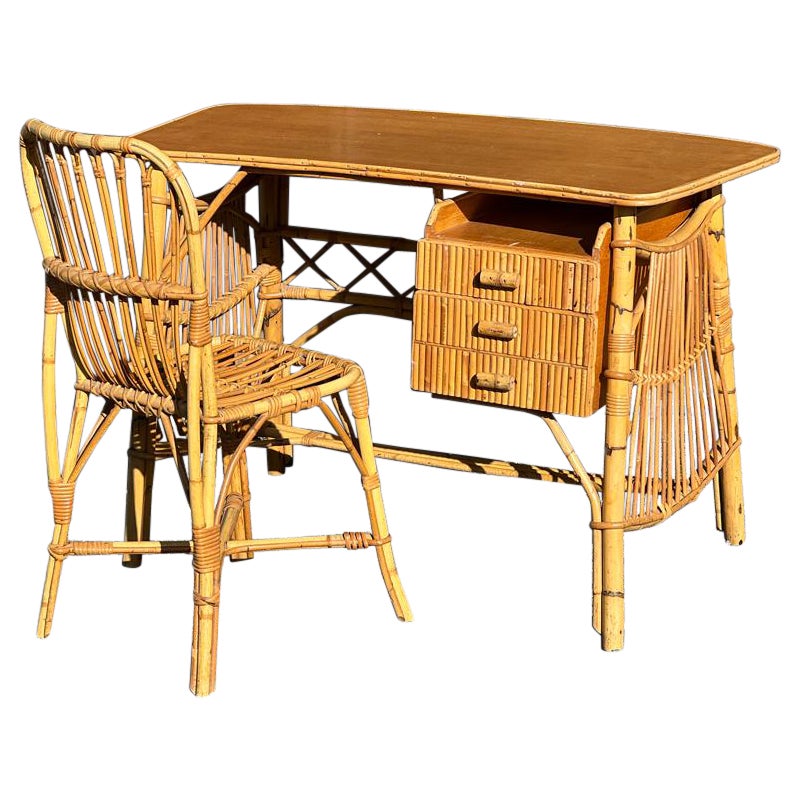 Bambus-Schreibtisch- und Stuhl-Set, Louis Sognot, 1960 