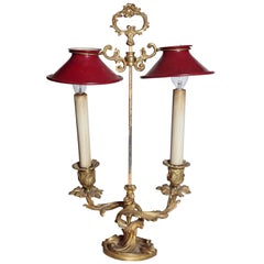 French Double Candle Bronze Doré Lamp with Red Tole Shades