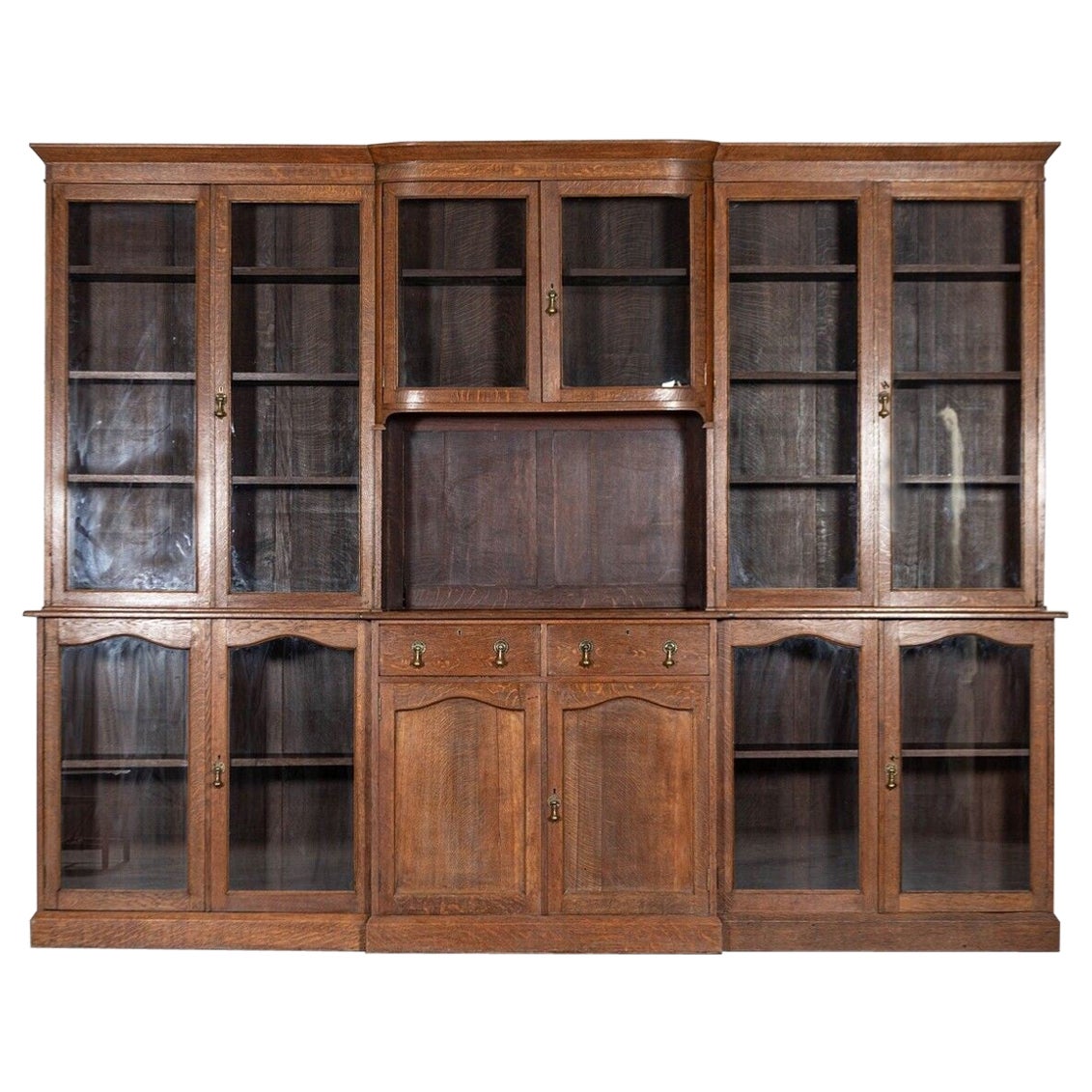 Monumental English Oak Glazed Breakfront Display Cabinet / Bookcase