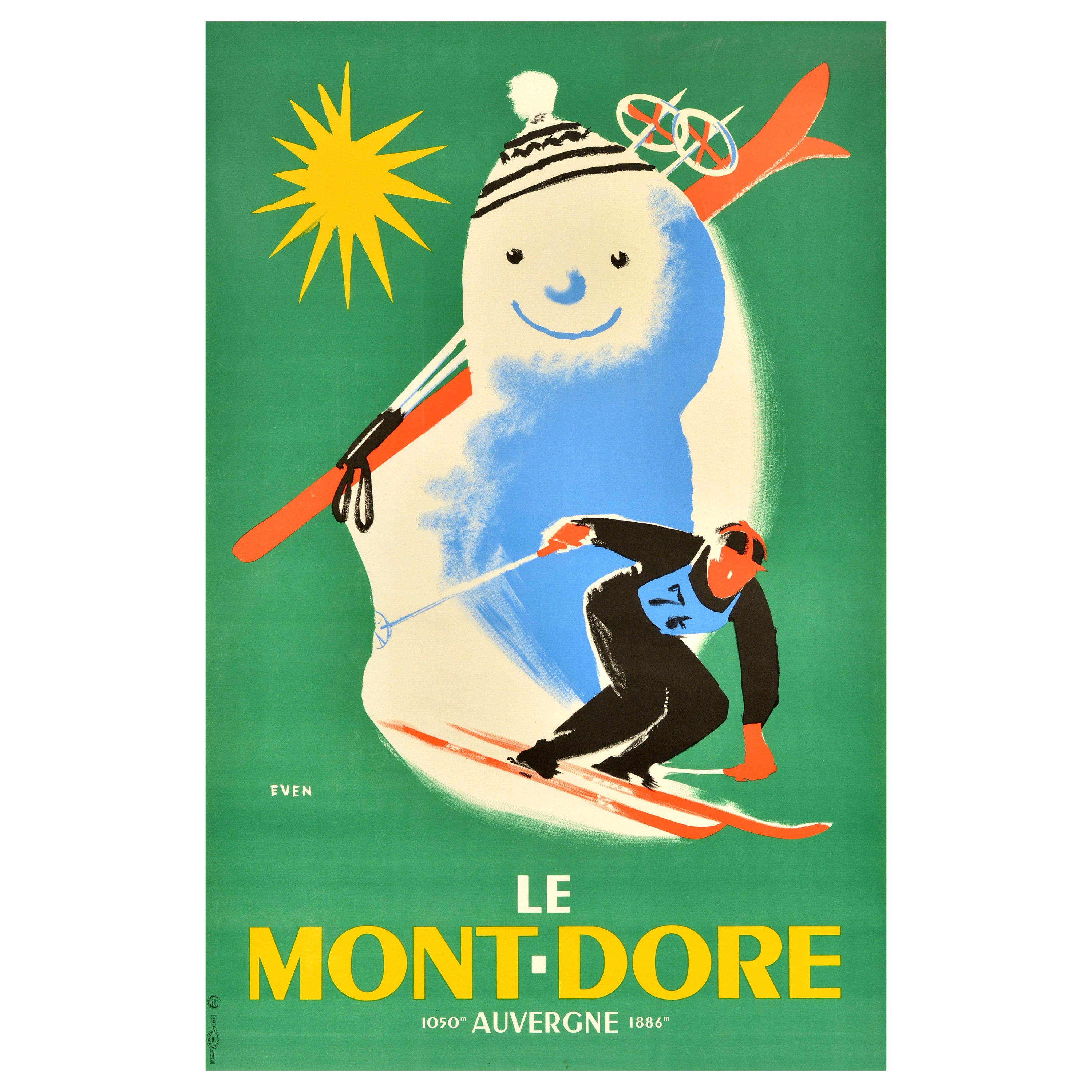 Original Vintage-Ski-Reiseplakat, Mont Dore, Auvergne, Schneemann, Frankreich, Skifahren, Kunst