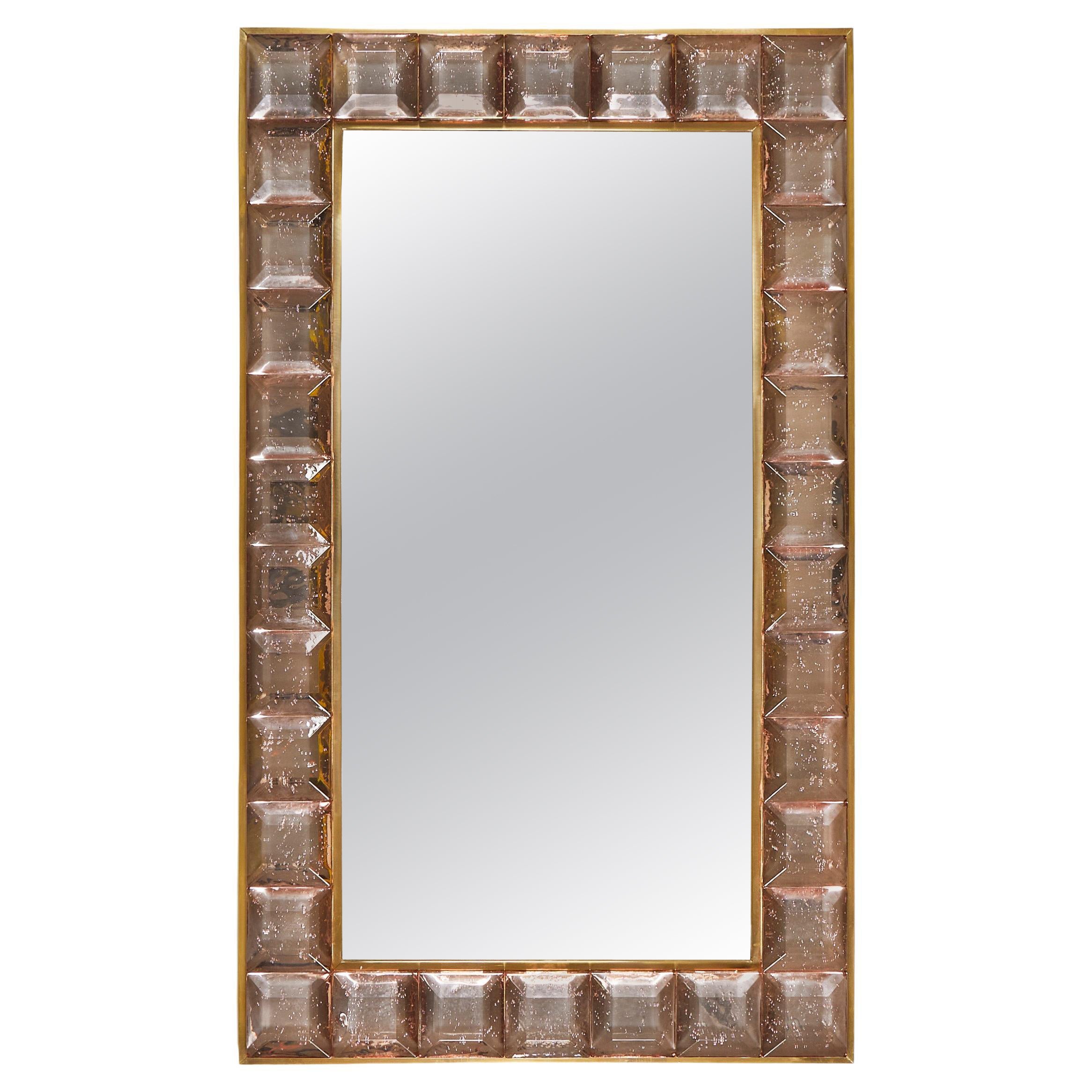 Contemporary Pale Pink Murano Glass and Brass 'Jewel' Mirror For Sale