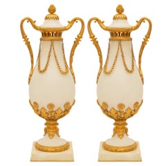 Pair of French 19th Century Louis XVI St. Marble and Ormolu Lidded Urns