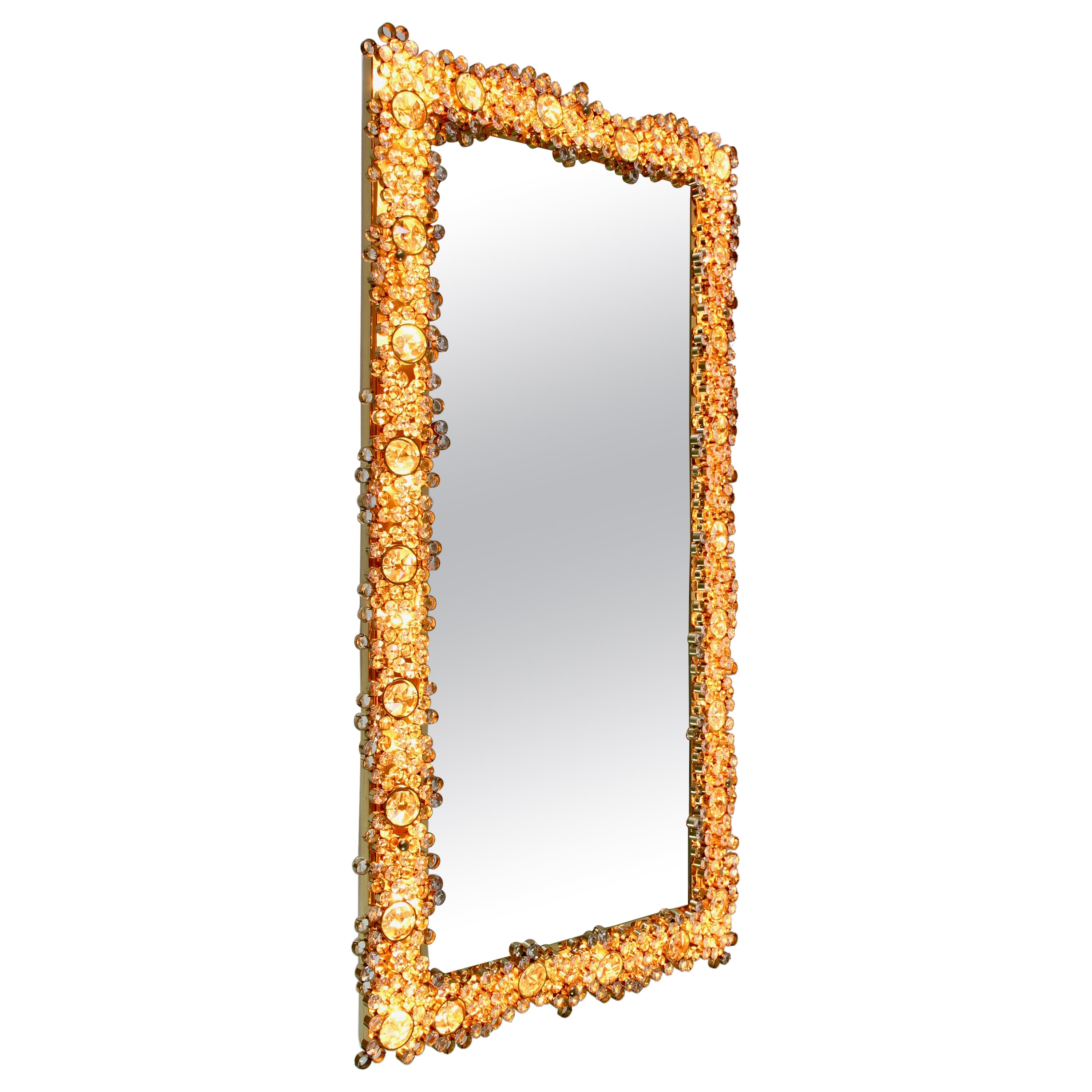 Palwa Large Midcentury Gilt Brass & Cut Faceted Crystal Backlit Wall Hung Mirror For Sale