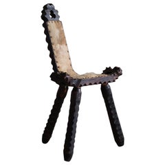 French Wooden Carved Tripod Chair, Wabi Sabi Style, Early 20th Century