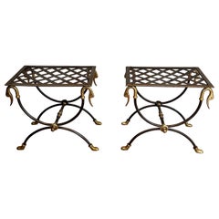 Pair of Neoclassical Style Steel and Brass Curules Stools Attr to Maison Jansen