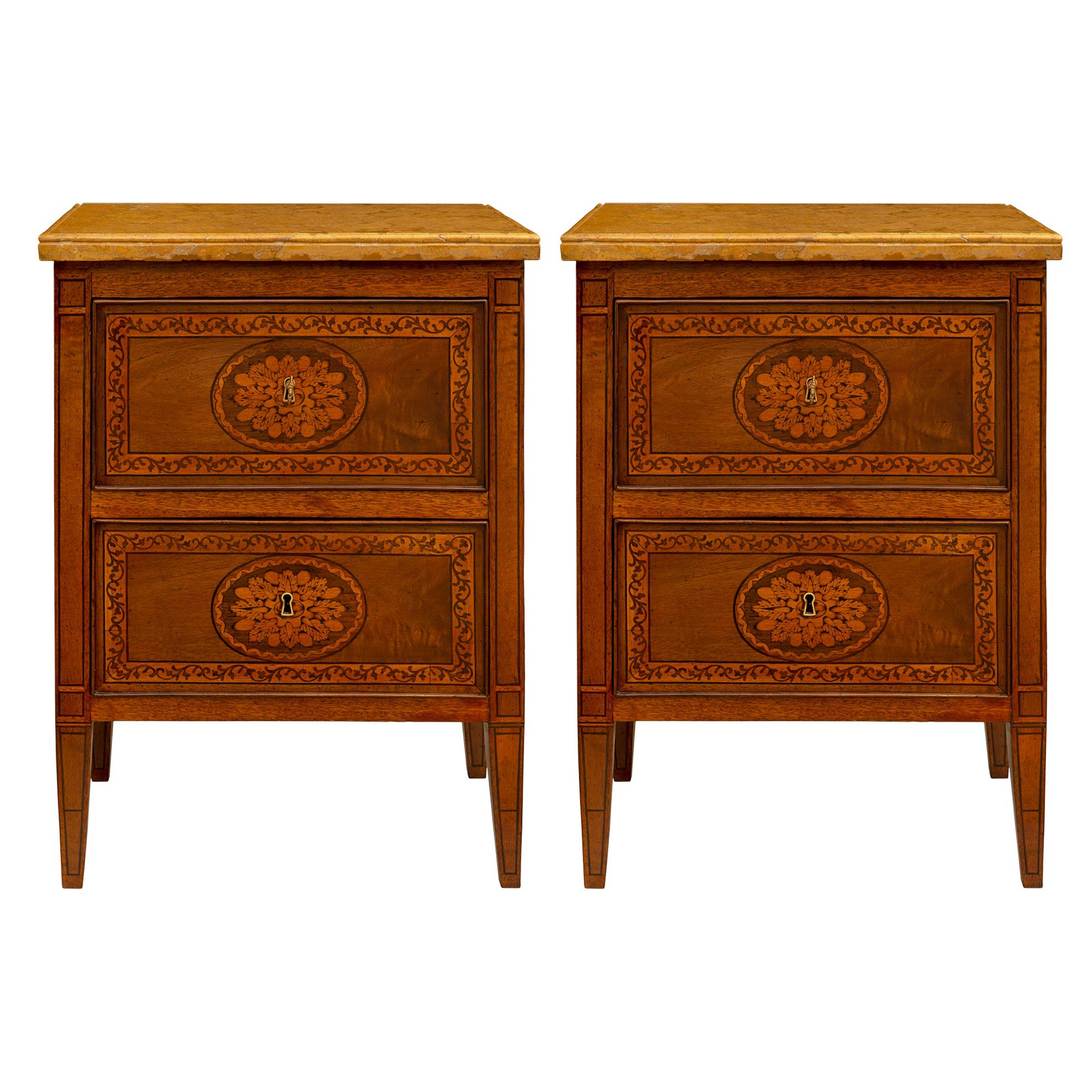 Pair of Italian 19th Century Louis XVI St. Walnut and Marble Commodes For Sale