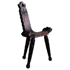 Antique Wabi Sabi French Wooden Carved Tripod Chair, Early 20th Century