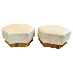 Italian Mid-Century Modern Hex Bamboo and Boucle Ottomans