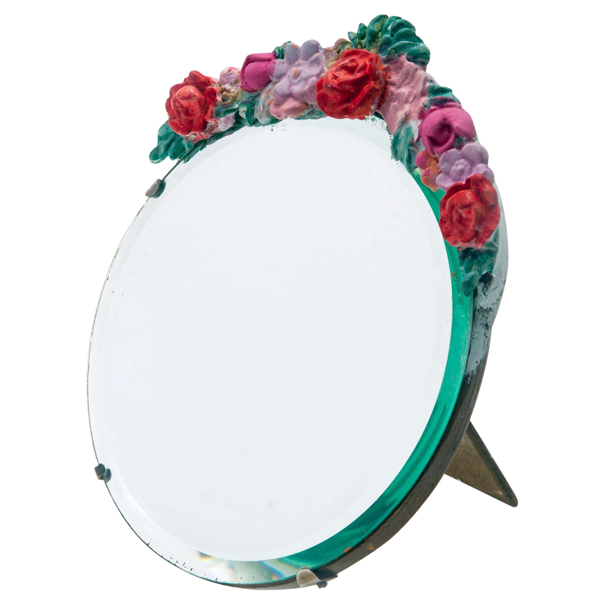 Round Barbola Floral Table Easel with Beveled Mirror  For Sale