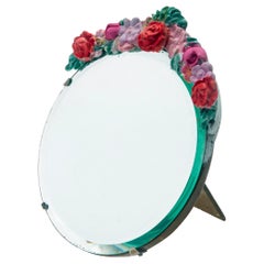 Round Barbola Floral Table Easel with Beveled Mirror 