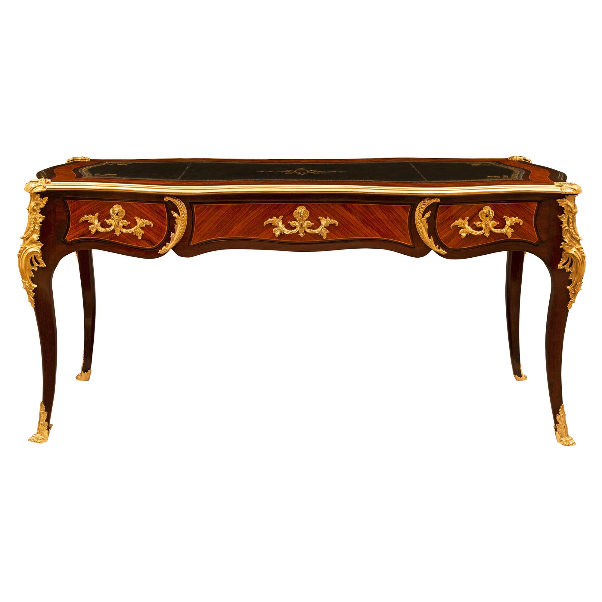 French 19th Century Louis XV St. Mahogany, Tulipwood and Ormolu Bureau Plat Desk For Sale