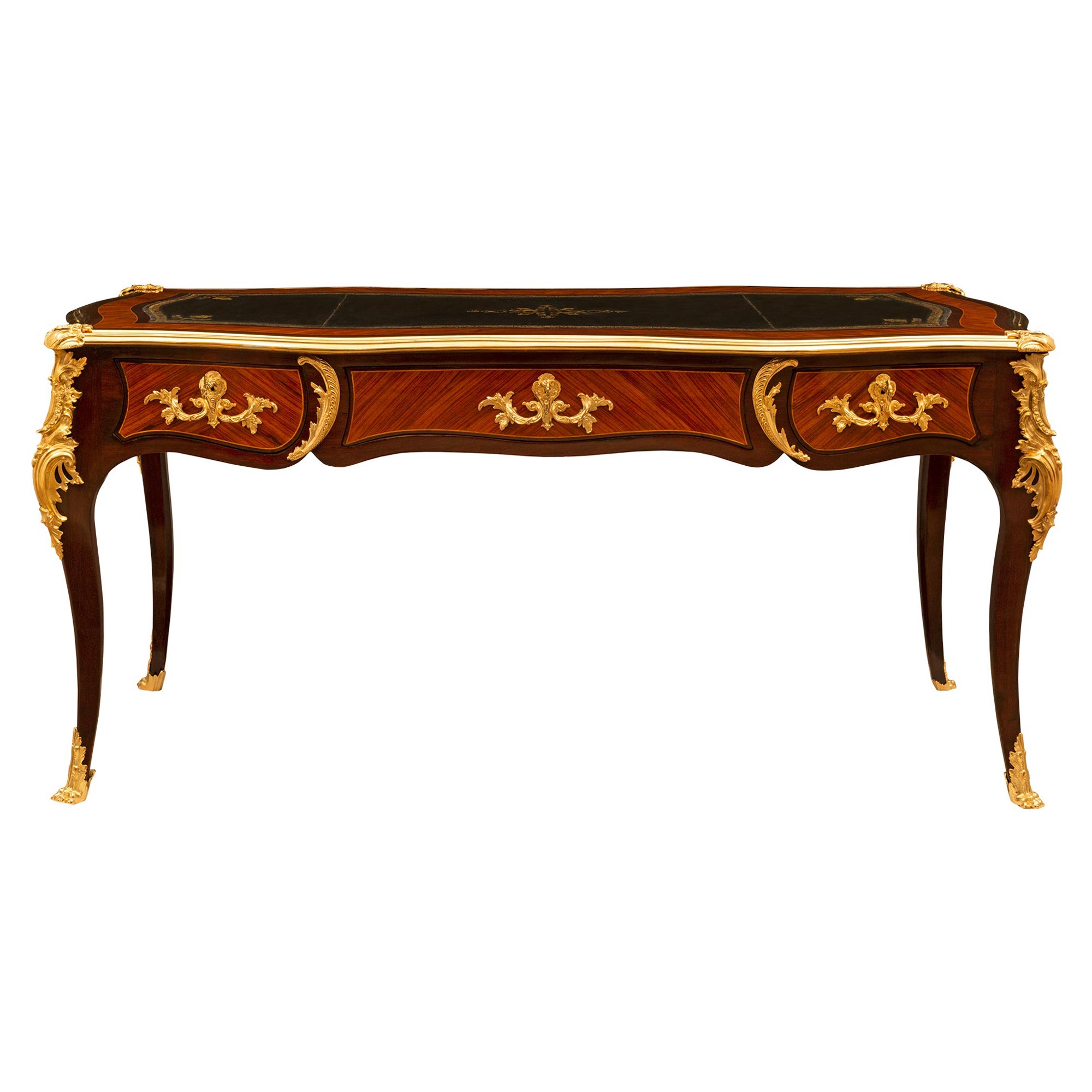 French 19th Century Louis XV St. Mahogany, Tulipwood and Ormolu Bureau Plat Desk