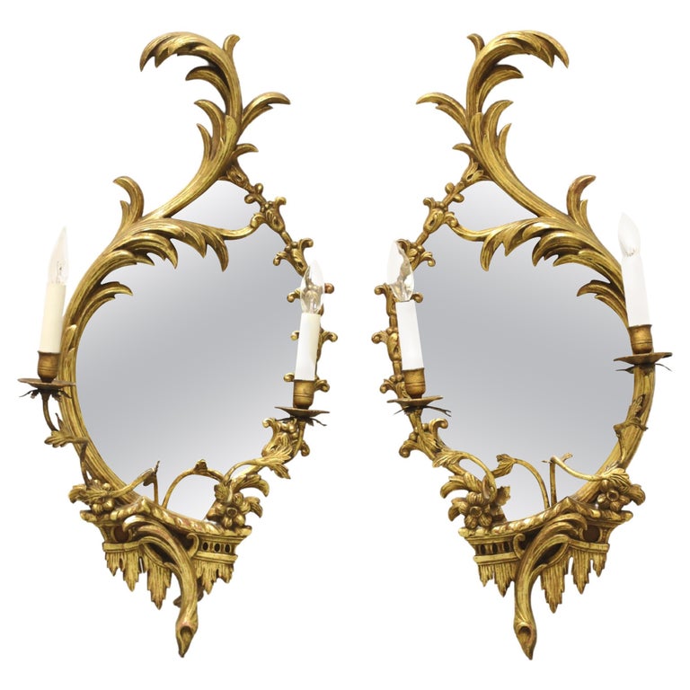 Early 20th Century Carved Wood Electrified Candle Mirror Wall Sconces