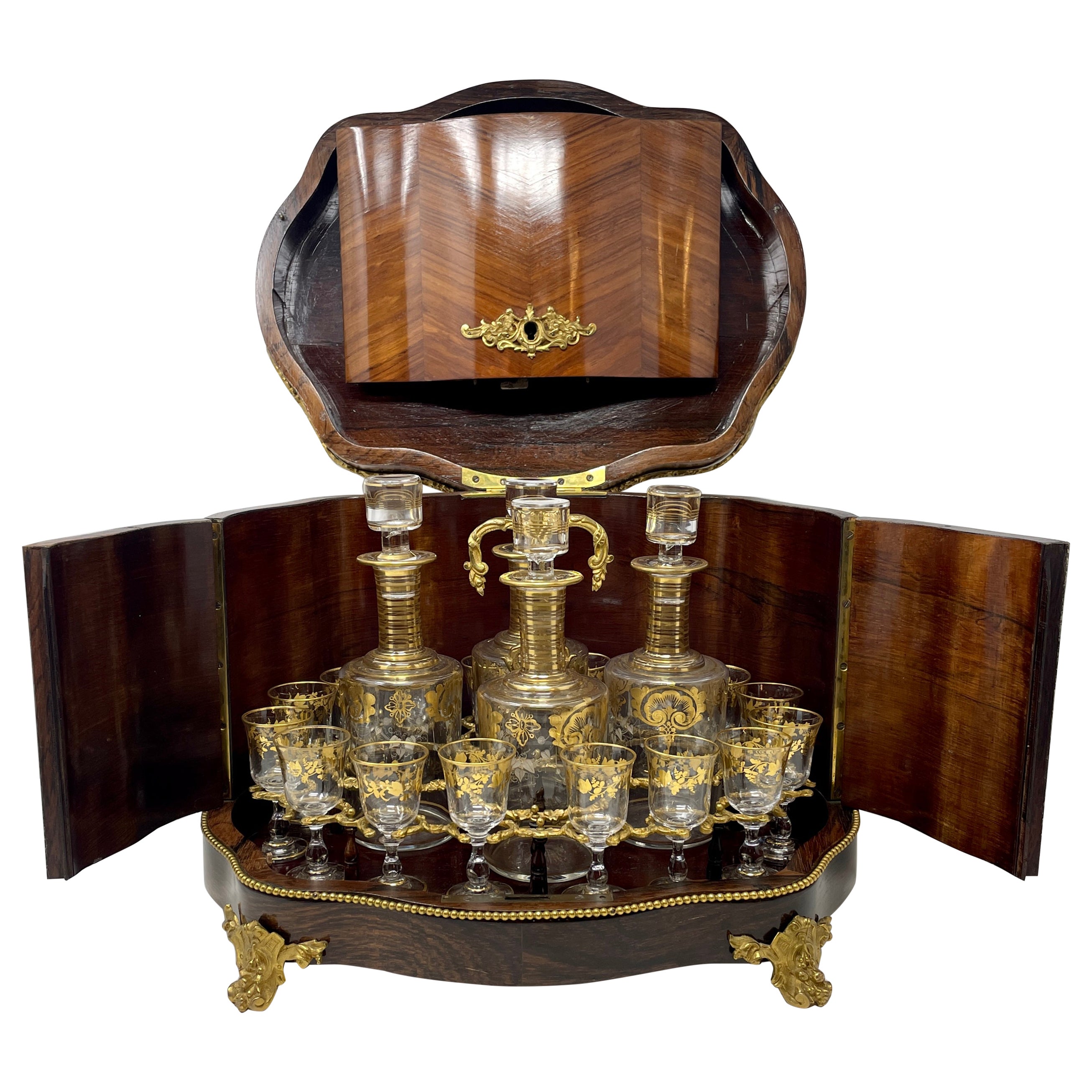 Antique French Baccarat Crystal Cave À Liqueur in Satinwood Case circa 1885-1890 For Sale