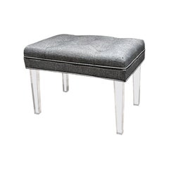 1980s Hollywood Regency Lucite Bench New Gray Tufted Fabric