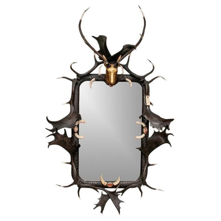 Impressive Figural Stag Head Mirror Garnished with Faux Antlers & Tusks For Sale