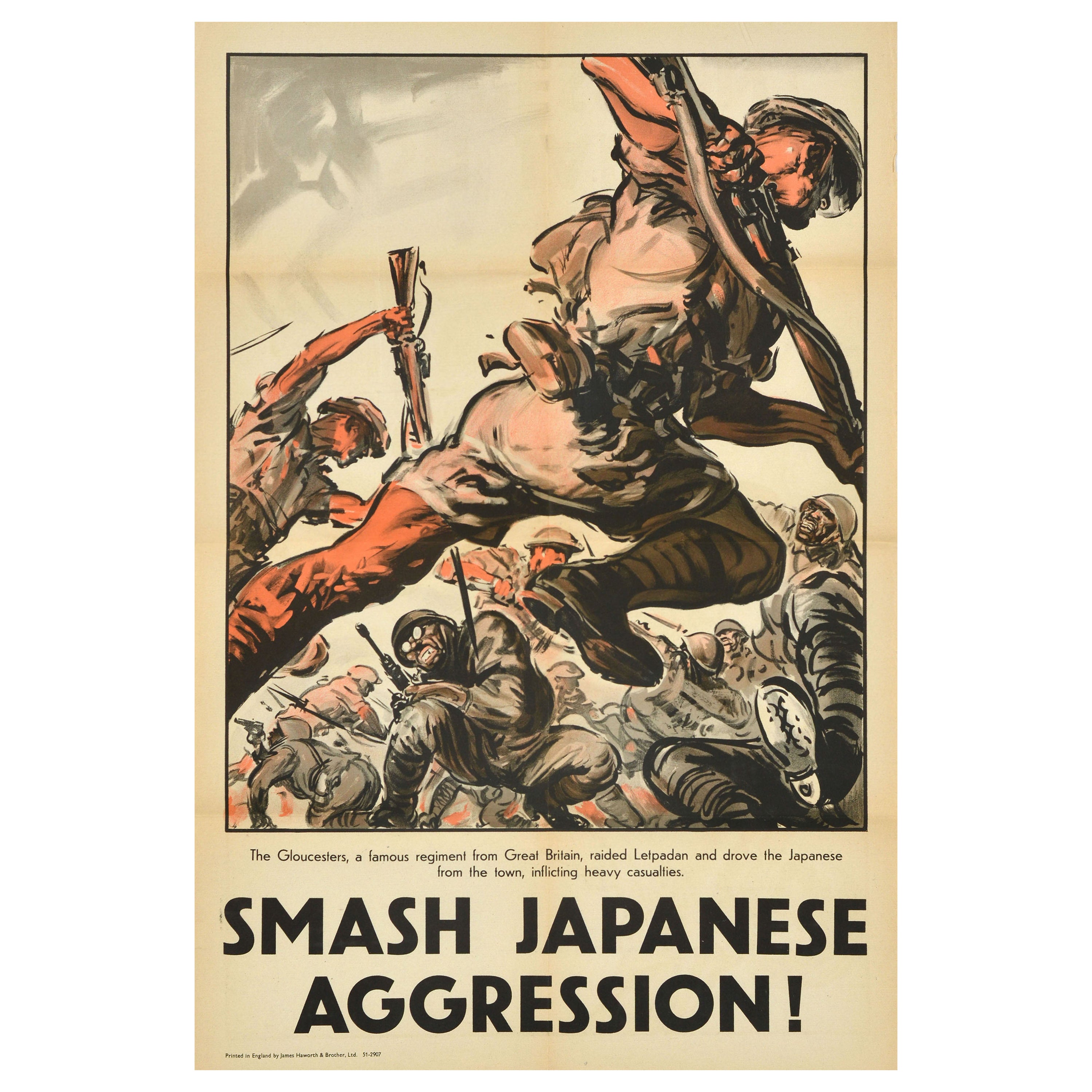 Affiche de propagande de guerre vintage originale, Smash Japanese Aggression, Glosters de la Seconde Guerre mondiale