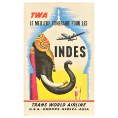 Original Retro Travel Advertising Poster TWA The Best India Route Elephant Art
