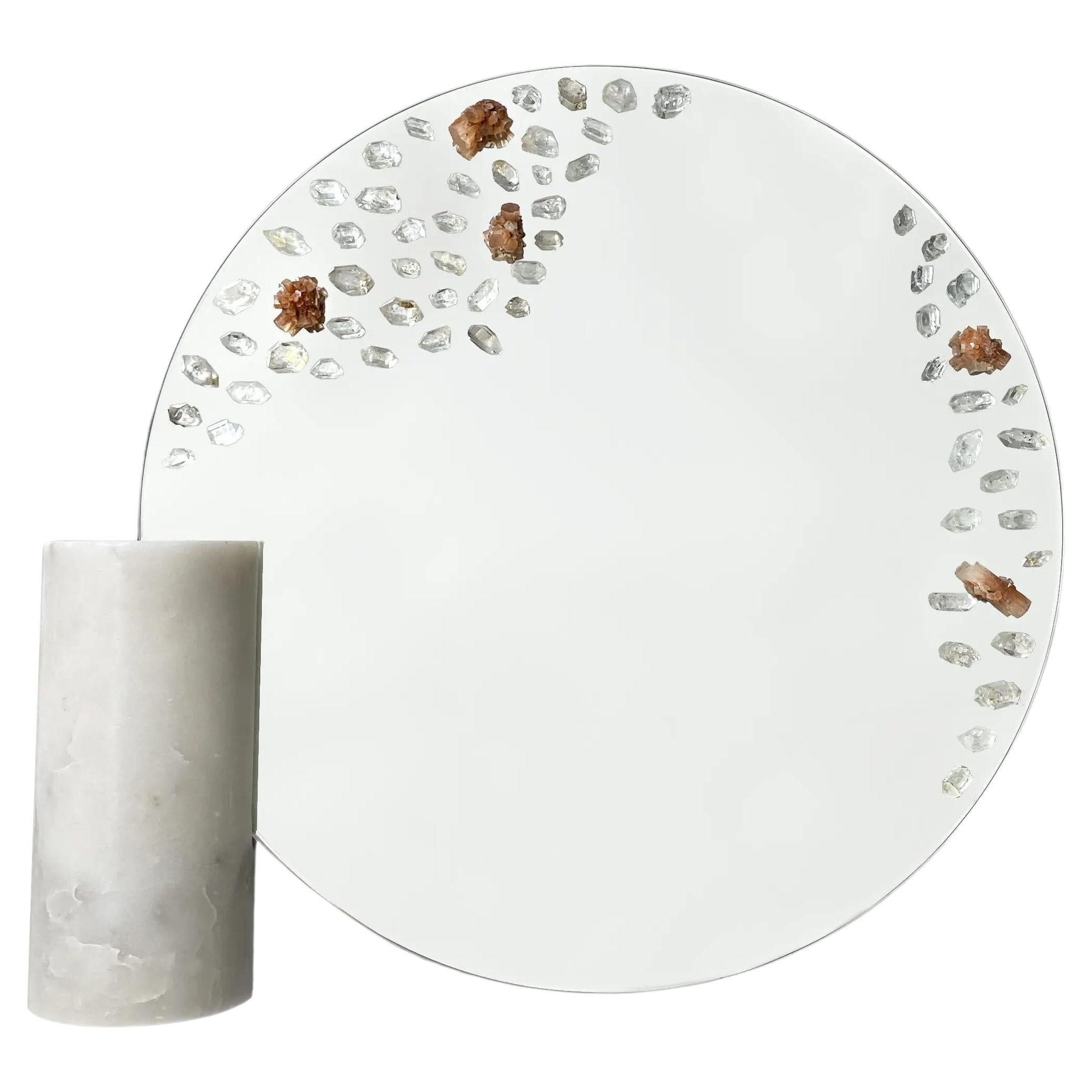 Wall Mirror, Adorned with Aragonites, Herkimer Diamonds Handmade by Aline Erbeia For Sale