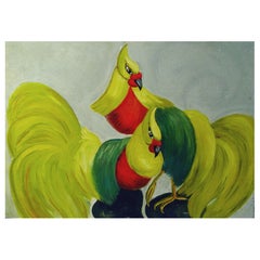 Mid-20th Century Modernist Fancy Golden Pheasants Painting