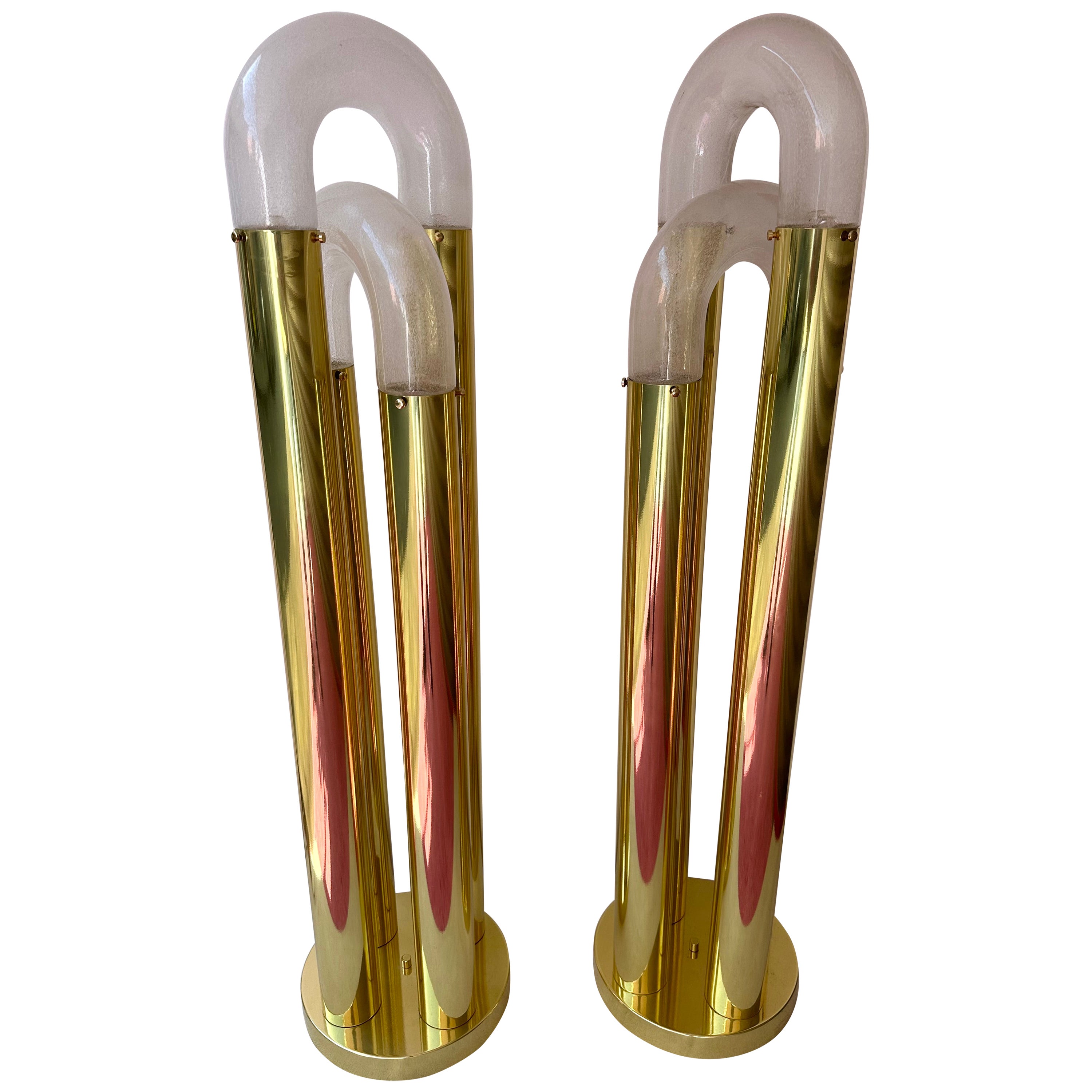 Pair of Brass Floor Lamp Murano Glass by Aldo Nason for Mazzega, Italy, 1970s For Sale