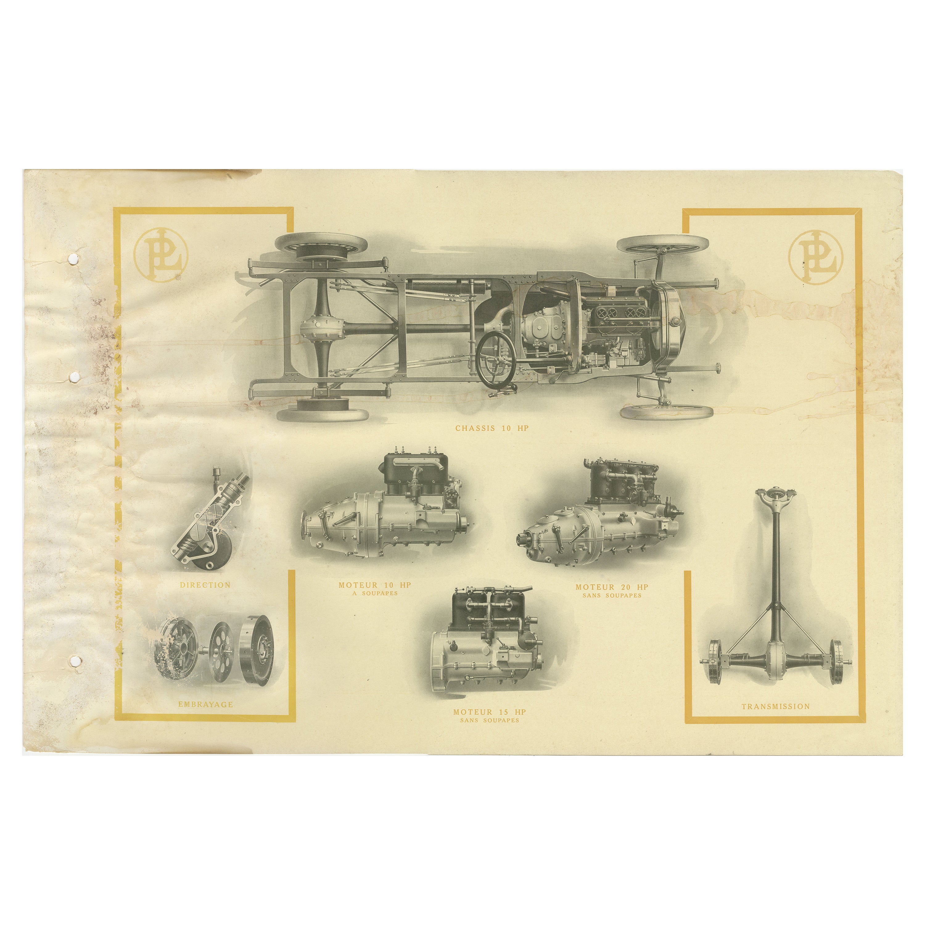 Antiker Druck mit Illustrationen von Autoteilen aus einem Katalog von Panhard et Levassor im Angebot