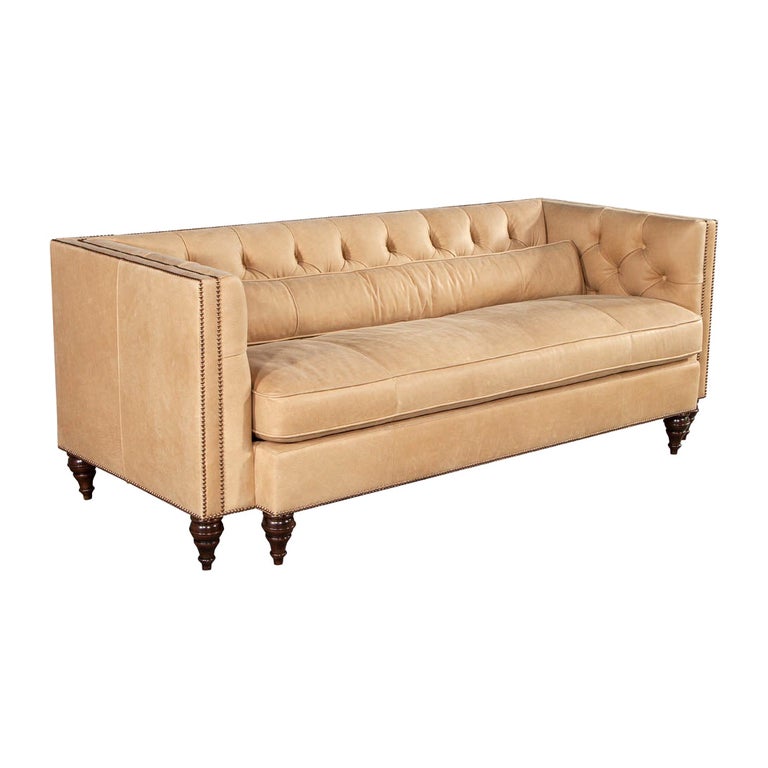American Tufted Tan Leather Sofa For Sale at 1stDibs