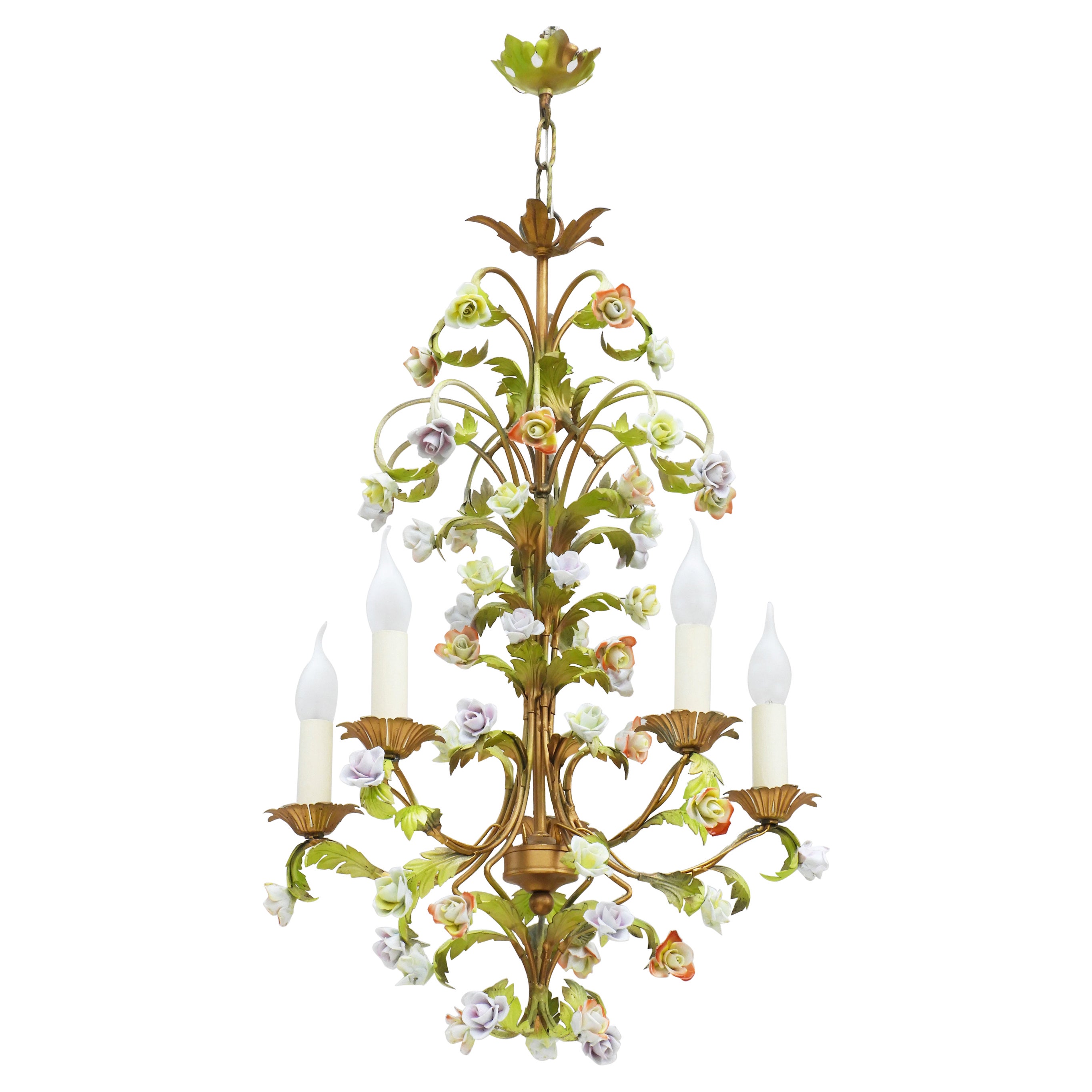 Midcentury Toleware Chandelier with Porcelaine Rose Pampilles circa 1950s France