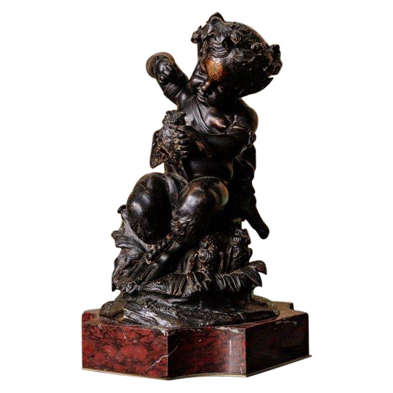 Bronze, Brown Patina, Faun with Owls Against a Red Marble Base, 19th Century For Sale