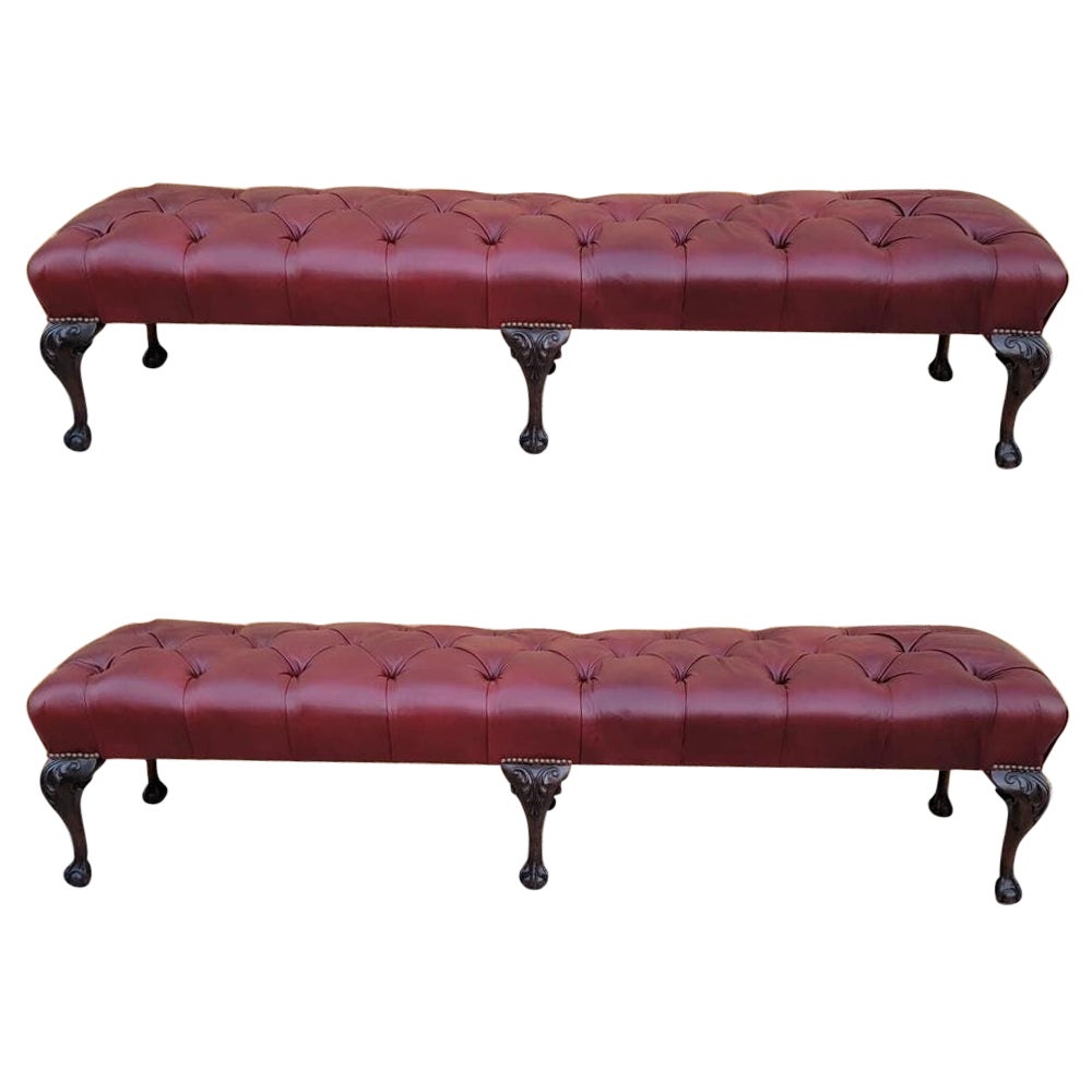 1920s Antique Chippendale Carved Mahogany Ball & Claw 6 Leg Tufted Bench, Pair