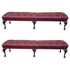 1920s Antique Chippendale Carved Mahogany Ball & Claw 6 Leg Tufted Bench, Pair