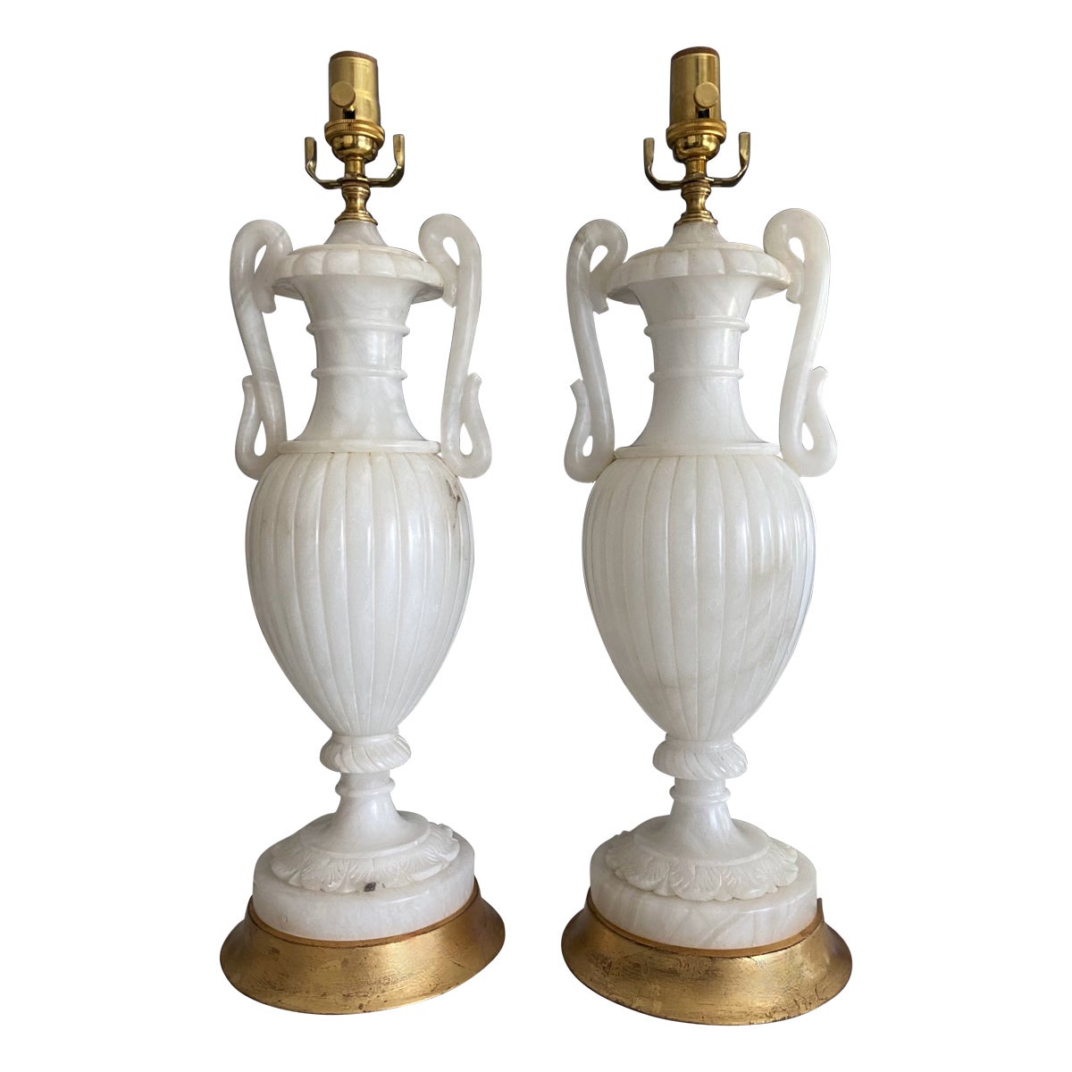 Pair Italian Urn & Handles Neoclassic Alabaster Table Lamps For Sale